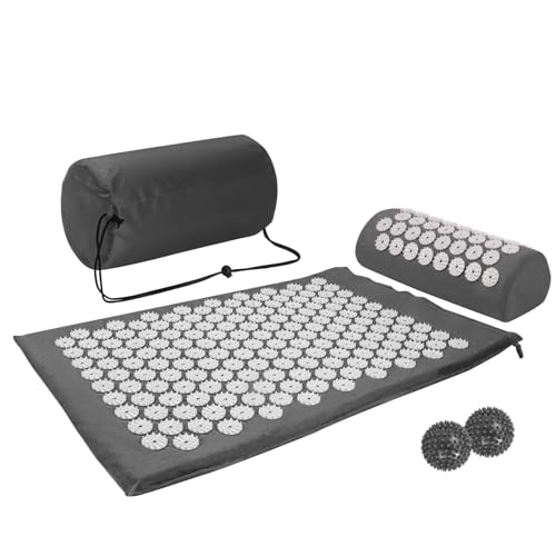 Acupressure Mat Acupuncture Mat Massage Mat and Pillow Set with 2pcs Massage Balls Relieving Neck and Back Pain Muscle Relaxation and Stress Reduction Sciatica Relief Carry a Handbag Grey