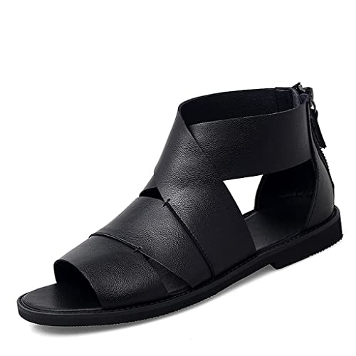 YMGSCC Mens Toe Hollow Out High Top Leather Casual Sandals Street Zipper Youth Daily Fashion Shoes(6.5code)