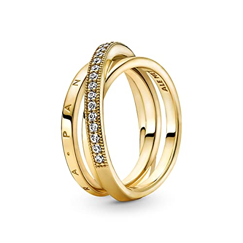 PANDORA Signature Anillo cruzado con triple banda y engaste pavé chapado en oro de 14 quilates con circonitas cúbicas transparentes, talla 58
