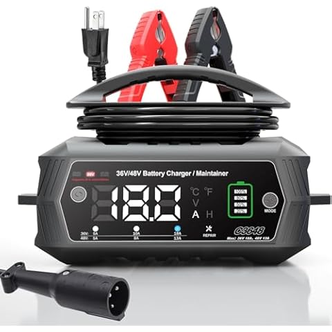 Golf Cart Battery Charger, 36 Volt 18 AMP/48 Volt 13 Amp Large Screen Golf Cart Charger for Club Car Golf Carts with 3 Pin Round Plug, Lithium, LiFePO4, Lead-Acid AGM/Gel/SLA Smart Battery Cover