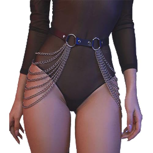 Damen Harness Leder Sexy Punk Taillenketten Damen Punk Leder Bein Harness Body Geschirre SM Einstellbare Mode Oberschenkel Ketten Strand Rave Party Nachtclub Taille Gürtel Körper Harness Kettengürtel