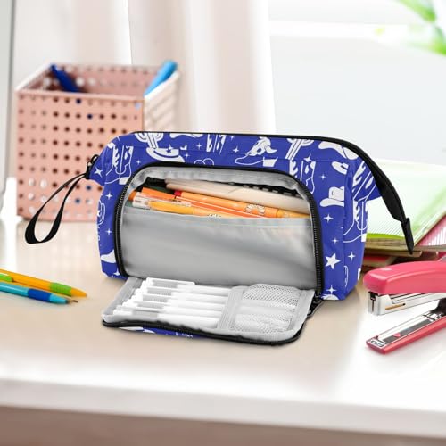 Image of Western Cowboy Blue Pencil Case Pouch Big Capacity Pencil Bag Box Organizer Pen Case with Handle Pencil Cases for Girls Boys Women Kids Adults School