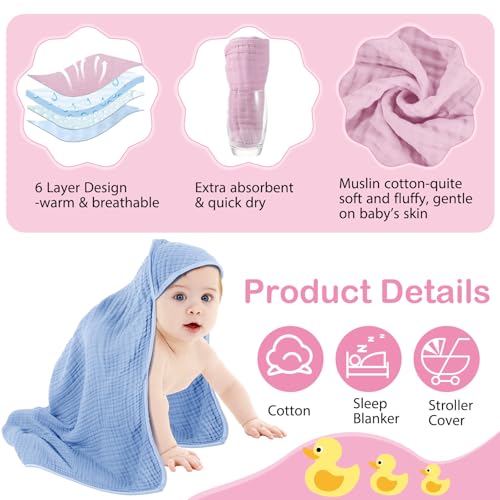 Image of Peryiter 6 Pcs Muslin Hooded Baby Towels, 32 inchx 32 inch Cotton Newborn Bath Towel Muslin Infant Baby Blankets Absorbent Unisex Newborn Registry Gift Essentials for Girls Boys (Light Color Series)