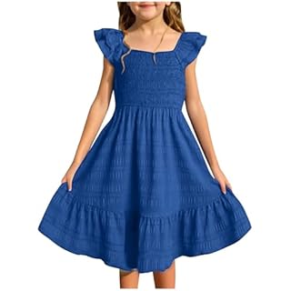 Flutter Sleeve Ruffle A-Line Dress for Toddler Girls Teen Kids Solid Square Neck Pleated Party School Dance Dress Tops Girls Clothes 14-16 Years Old Dark Blue for (Navy, 13-14 Years)