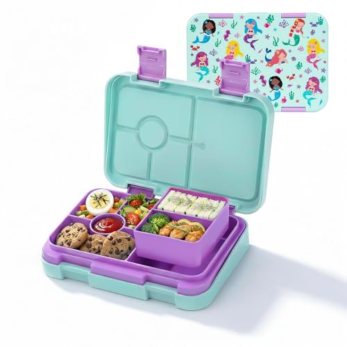 MSSWFSG Bento Lunch Box for Kids, 6 Compartments BPA Free, Dishwasher Safe Back to School Snack Bento Lunch Containers Boxes, Ideal Portion Sizes for On-the-Go Meal, Ages 3+, School, Green Patterned