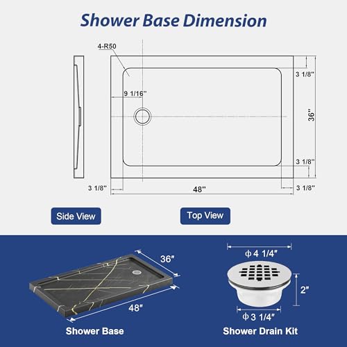 Image of KPUY 48'' X 36'' Shower Base Pan with Reversible Install, Blackish-gray