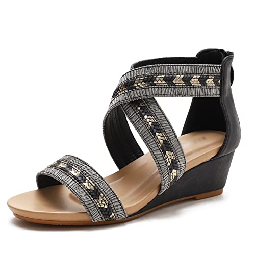 Sandals Slope Heeled Sandals Women's Summer Open Toe Sandals Back Zipper Large Women's Shoes Sandal(A,37)