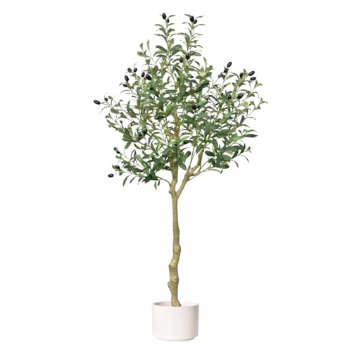 Artificial Olive Tree, Faux Tree Olive Floor Plant in Cement Pot, Olive Tree Artificial with Lifelike Fruits & Leaves, UV-Resistant Artificial Plants for Indoor Home Decor (150CM-4.9 ft)