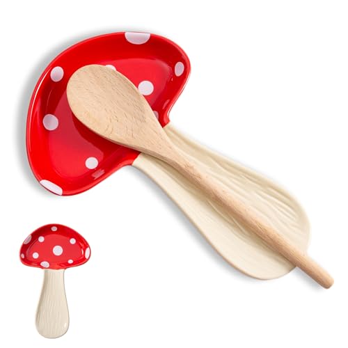 YumiPLUS Ceramic Mushroom Spoon Rest, Farmhouse Spoon Holder, Red, 1PC by YumiPLUS - Used condition - US$12.40