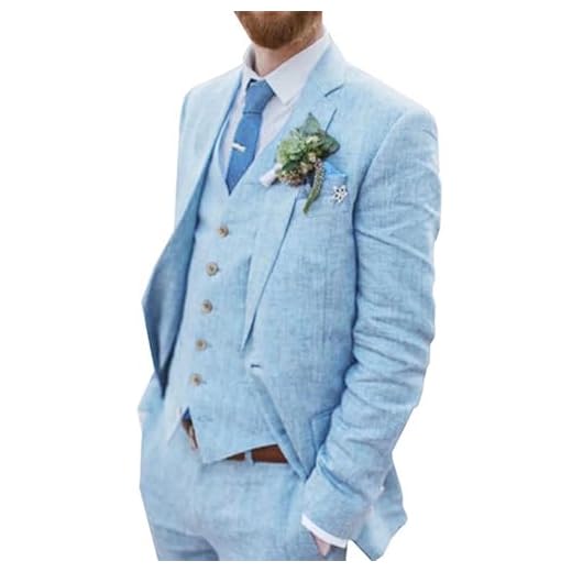 Wehilion Terno masculino retrô de linho para casamento, praia, verão, caimento justo, 3 peças, leve, roupa de linho, colete e calça smoking, Azul bebê