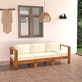 vidaXL Sofá de Jardín de 3 Plazas con Cojín Patio Muebles Mobiliario Terraza Exterior Hogar Silla Asiento Acolchado Crema Madera Maciza Acacia