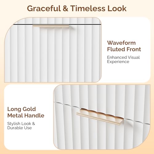 Image of VINGLI 9 Drawer Dresser White Fluted Dresser for Bedroom with Rounded Edges, 57 inch Long Wood Dressers White and Gold, 57 inch W*15.75 inch D*29.92 inch H