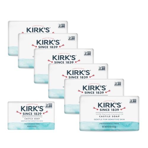 Kirks Castile Bar Soap Fragrance Free - Clinically Tested Safe for Sensitive Skin with Coconut Oil Vegan and Non-GMO - 4 oz Bars 6 Pack and Fragrance Free Travel Bar