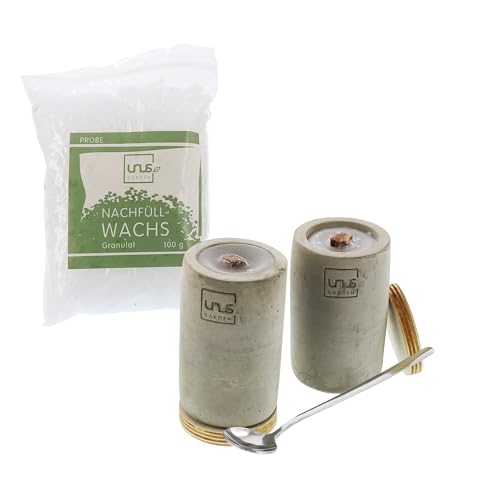 UNUS Beton- Feuer Outdoor, Set mit 2x lange Zylinder Beton Kerze, 100g Nachfüllwachs, Löschbretter und Löffel zum Nachfüllen, Tischkamin mit Dauerdocht, Tischfeuer Recycling Kerzenwachs