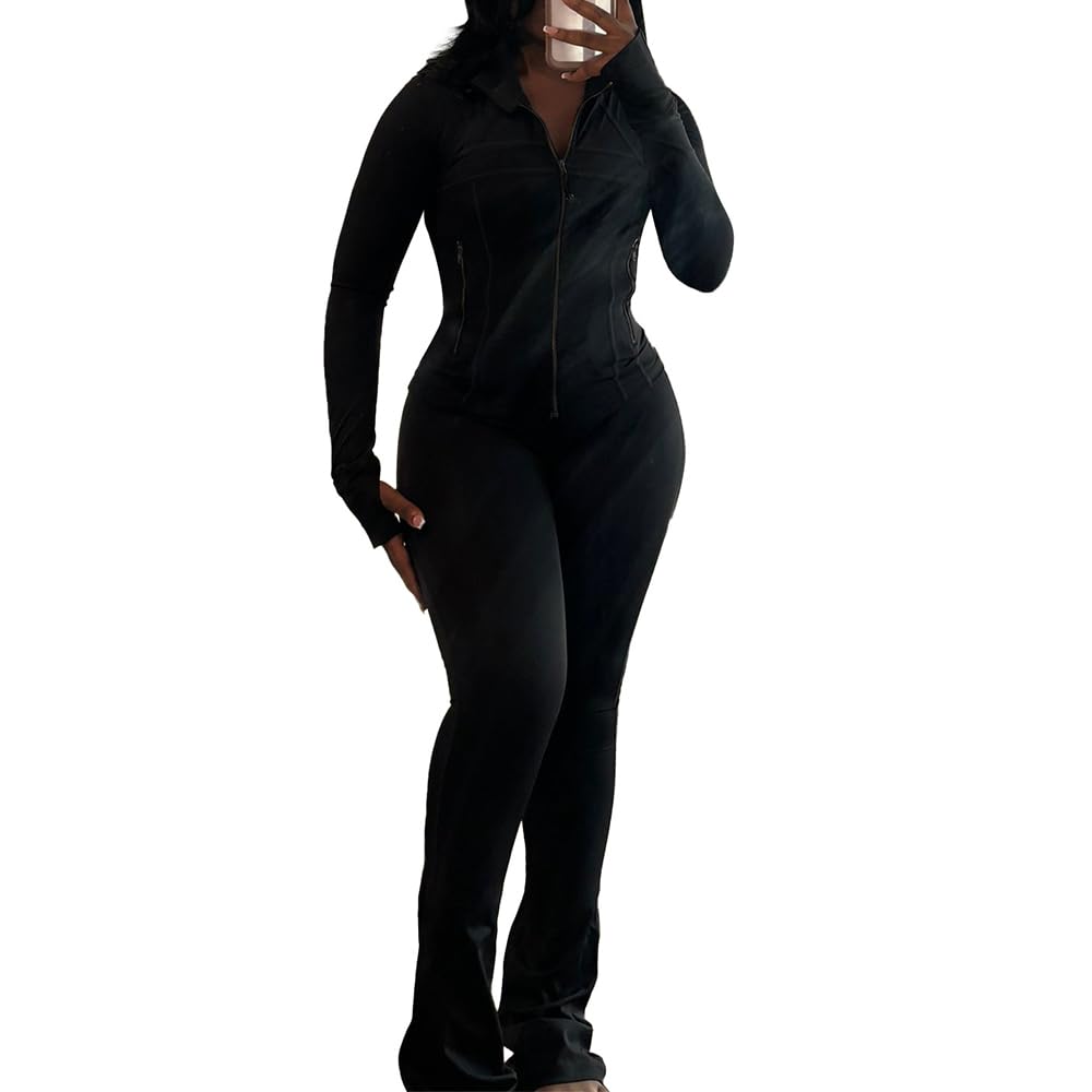 Molilove Womens 2 Piece Outfits Lounge Sweatsuit Set Long Sleeve Zipper Crop Jacket Long Flare Pants Tracksuits Workout Set