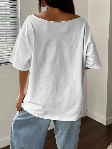 Image of SXV Oversized Off-Shoulder Loose London 92 Print Oblique Shoulder T-Shirt Graphic Tees