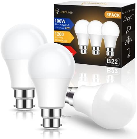 B22 Bayonet LED Light Bulb 100W Equivalent, JandCase 13W A60 Light Bulb Frosted, Ultra Bright 1200LM, Warm White 3000K, Equal to 100W Incandescent Bulb, B22 Energy Saving Bulb, Non-Dimmable, Pack of 3