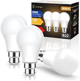 B22 Bayonet LED Light Bulb 100W Equivalent, JandCase 13W A60 Light Bulb Frosted, Ultra Bright 1200LM, Warm White 3000K, Equal to 100W Incandescent Bulb, B22 Energy Saving Bulb, Non-Dimmable, Pack of 3