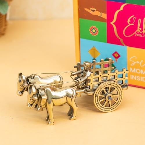 Image of Ekhasa 100% Pure Brass Bullock Cart with Gift Box | Decorative Showpiece for Home Decor New Home Item | Indian Souvenir Gift for Foreigners Housewarming Grah Pravesh Wedding Diwali Gift