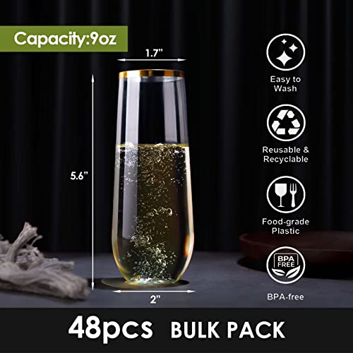 48 Pack Plastic Stemless Champagne Flutes, Disposable Unbreakable 9 Oz Toasting Glasses With Gold Rim, Eventpartener Fancy & Shatterproof Champagne Glasses, Ideal For Wedding, Birthday, Party, Easter #TOP1