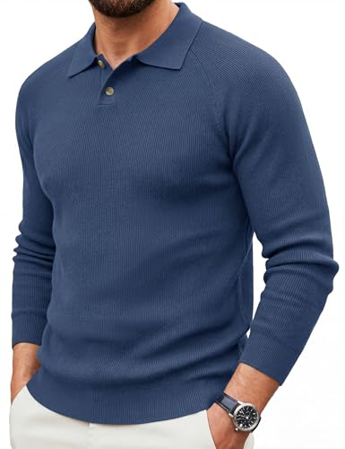 MAGNIVIT Mens Long Sleeve Knit Polo Shirts Casual Raglan Sleeve Sweater 2-Button Down Anti-Pilling Golf Shirts Denimblue