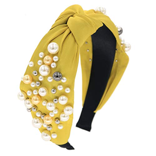 MHDGG Pearl Headbands for Women,Beaded Knot Headband White Yellow Faux Pearl Hairbands Wide Hairbands Hair Accessories for Women Girls,Yellow