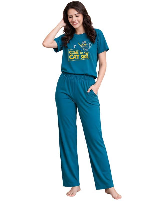 elvia Women's Pure Cotton Top and Pyjama Co-Ord Set | Printed Night Suit | Regular Fit Half Sleeve Round Neck T-Shirt with Pajama Loungewear Sleepwear Set for Women (Turqoise, XXL)-picture-33