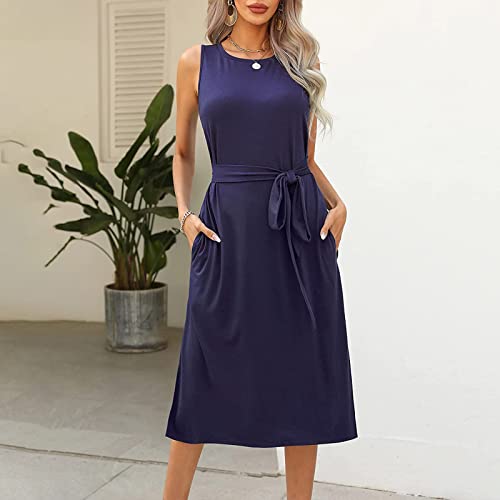 Vestidos de brunch azul-marinho para meninas adolescentes, outono, verão, sem mangas, gola redonda,