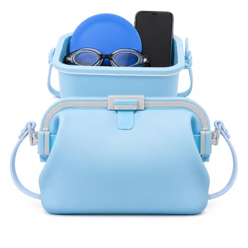Huggea Jellybean Crossbody Bag, Silicone Beach Waterproof Purse, IPX8 Waterproof Crossbody Purse That Floats and Opens into a Box, Leakproof Food-Grade Tote for Beach, Travel，Blue