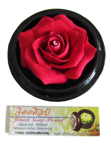 Jittasil Thai Hand-Carved Soap Flower, 4 Inch Scented Soap Carving, Red Rose In Decorative Pine Wood Case