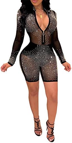Adogirl Sexy Sequin Rhinestone Romper Jumpsuit Party Outfits for Women Clubwear Bodysuit Black