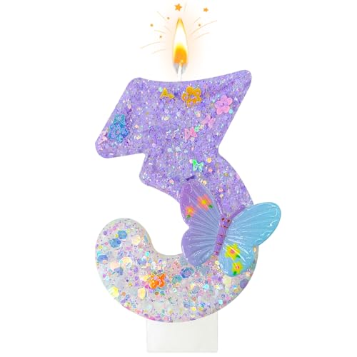 Sesine Number 3 Butterfly Birthday Candles - Purple Cake Candle Topper for Girls Birthday, 3rd Birthday Party Decorations, Anniversary, Fairy Theme Celebration Supplies (Number 3)