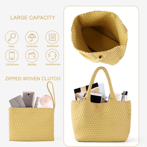 Image of Woven Tote Bag for Women Vegan Leather Handwoven Bags with Small Purse (Yellow)