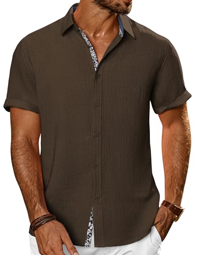 PJ PAUL JONES Men's Button Down Short Sleeve Shirt Casual Summer Beach Textured Wedding Shirts Dark Brown