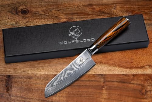 Wolfblood Damastmesser Santoku Messer L(24cm/13cm Klinge) TÜV geprüfter 62 HRC Damaststahl aus...