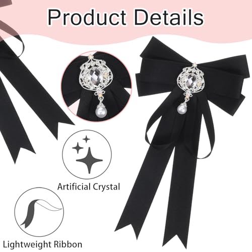 Black Rhinestone Bow Tie for Women, Pre-Tied Ribbon Pearl Shirt Tie Uniform Bow Top for Formal Dress, Tuxedo Dress Suit Wedding2