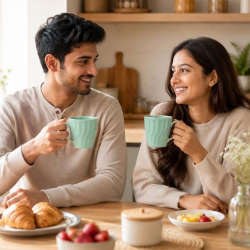 Image of The Earth Store Green Artisan Wave Coffee Mug - 340ML Ceramic Coffee Mugs Set of 4 | Microwave & Dishwasher Safe Mugs for Gift | Home | Office | Restaurant | Daily Use Tea Mug