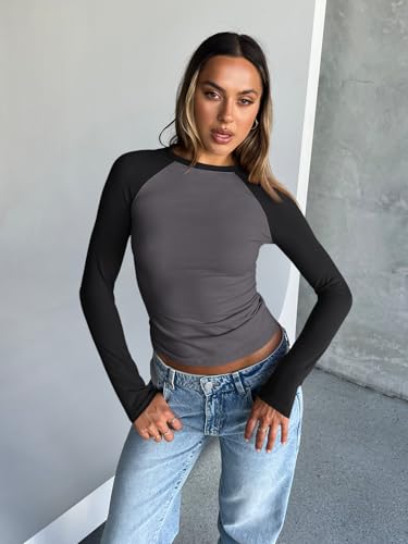 Trendy Queen Women’s Long Sleeve Shirts Slim Fit Stretchy Color Block Slightly Cropped Tops