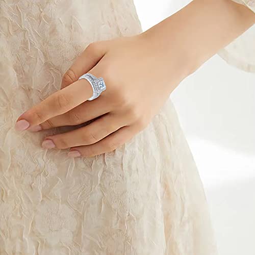 2Pcs Women Engagement Rings Square Cut Princess CZ Simulated Diamond Ring Set Wedding Bands Elegant Jewelry (Silver, 9)3