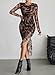 Pink Queen Flower Banquet Dresses for Women Night Out Fashion Long Sleeve Round Neck High Waist Pleated Slim Bodycon Cockatil Party Dress Outfits Brown L