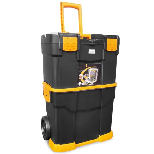 COSTWAY 3-in-1 Rolling Tool Box, 2 Tier Stackable Mobile Tool Chest with Removable Tray, Folding Handle, Lock Catch & Smooth Wheels, Portable Toolbox Set for Home Garage Factory