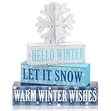 Geelin 4 Pieces Hello Winter Wooden Table Decorations Let It Snow Wooden Signs Rustic Snowflake Tiered Tray Decor Winter Wishes Tabletop Centerpieces for Home Desk Room Kitchen Shelf