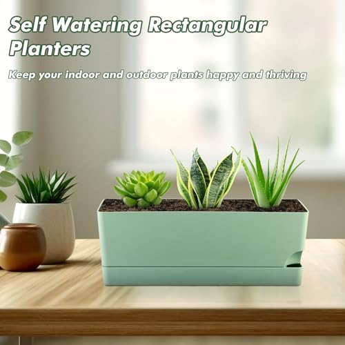 2 Pack Self Watering Pots for Indoor Plants 17 Inches Window Boxes Planters Rectangular Flower Pots Rectangle Herb Pots Large Plant Pots with Drainage Holes and Saucers Windowsill Planter, Green