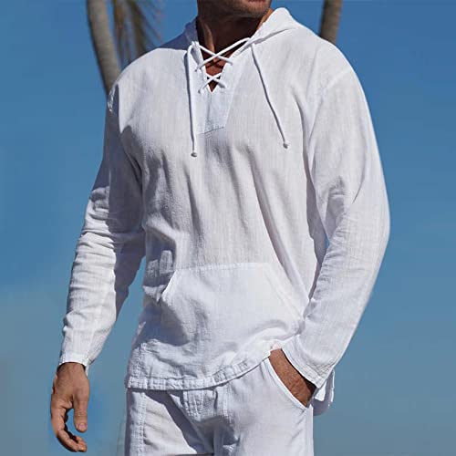 Men's Cotton Linen Shirts Long Sleeve V-Neck Lace Up Shirt Casual Beach Yoga Hippie Summer Tops With Pockets(White,X-Large) #TOP1