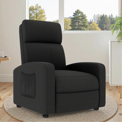 TLSUNNY Fabric Recliner Chair, Single Reclining Sofa with Thicker Seat Cushion and a Side Pocket, Home Theater Seating with Adjustable Backrest and Footrest, for Living Room, Linen (Black)
