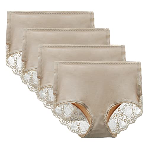 LIQQY Women's 3 or 4 Pack Comfort Cotton Lace Coverage Full Rise Briefs Knicker Underwear M Nude-4pk