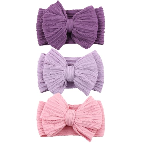Image of DRESHOW BQUBO Handmade Baby Headbands Soft & Stretchy Hair Bands with Bows Nylon Bows Hairbands for Girls Newborn Infant Toddlers Hair Accessories 3 pack