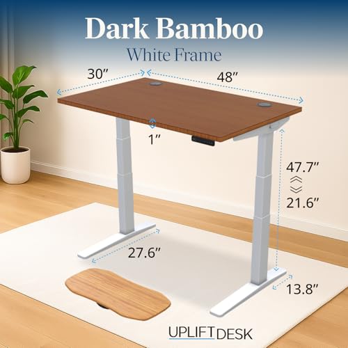Image of UPLIFT DESK Dark Bamboo (48 x 30 inch) Standing Desk 2-Leg V3 Adjustable Stand Up C-Frame (White), Advanced Keypad, Wire Grommets, Wire Tray, Rocker Board