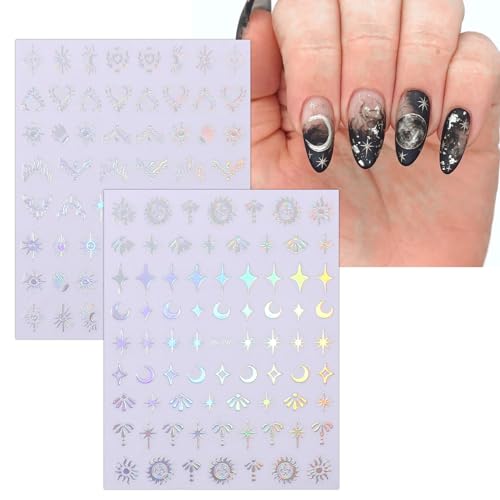 JMEOWIO 10 Sheets Moon Star Sun Nail Art Stickers Decals Self-Adhesive Silver Aurora Nail Supplies Nail Art Design Decoration Accessories - Image 4