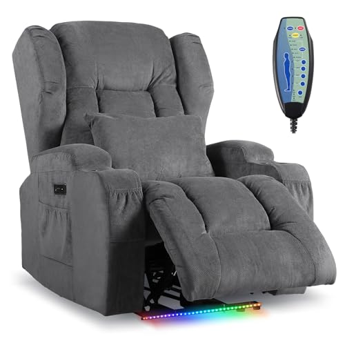 Image of DRMBOOK Power Recliner Chair, Electric Wall Hugger Reclining Sofa with Massage & Heat, Overstuffed Theater Seating with LED /USB Ports /Cup Holder for Living Room (Linen Grey, 1 Chair)
